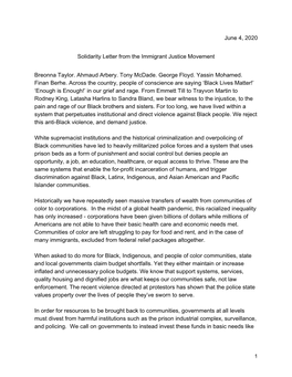 Solidarity Letter from the Immigrant Justice Movement