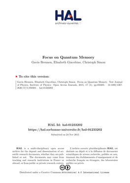 Focus on Quantum Memory Gavin Brennen, Elisabeth Giacobino, Christoph Simon