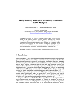 Energy Recovery and Logical Reversibility in Adiabatic CMOS Multiplier