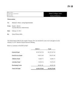 State College Area School District General Fund Checks Dated January 1 - 31, 2011 School Board Meeting February 14, 2011