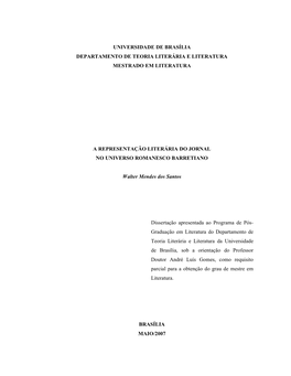 Universidade De Brasília Departamento De Teoria Literária E Literatura Mestrado Em Literatura a Representação Literária Do