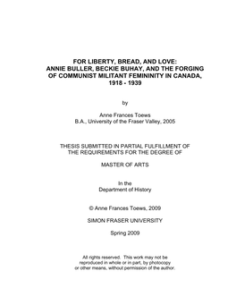For Liberty, Bread, and Love: Annie Buller, Beckie Buhay, and the Forging of Communist Militant Femininity in Canada, 1918 - 1939