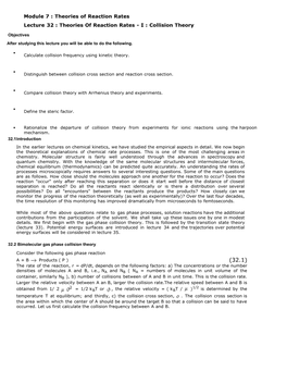 Module 7 : Theories of Reaction Rates Lecture 32 : Theories of Reaction Rates - I : Collision Theory Objectives