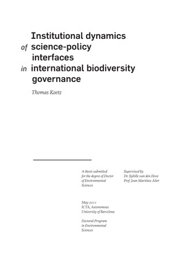 Institutional Dynamics of Science-Policy Interfaces in International Biodiversity Governance