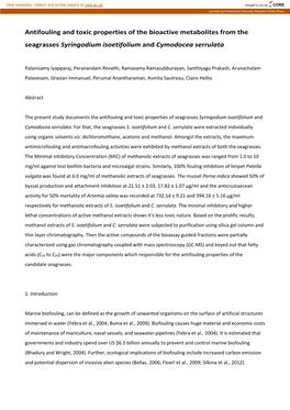 Antifouling and Toxic Properties of the Bioactive Metabolites from the Seagrasses Syringodium Isoetifolium and Cymodocea Serrulata