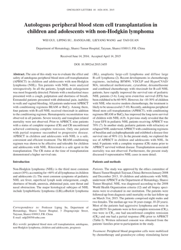 Autologous Peripheral Blood Stem Cell Transplantation in Children and Adolescents with Non‑Hodgkin Lymphoma