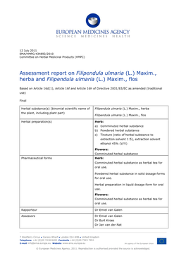 Assessment Report on Filipendula Ulmaria (L.) Maxim., Herba and Filipendula Ulmaria (L.) Maxim., Flos