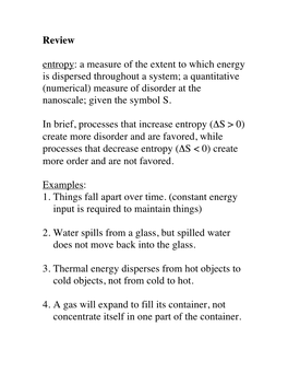 Review Entropy: a Measure of the Extent to Which Energy Is Dispersed