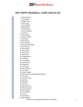 1987 Topps Baseball Card Checklist