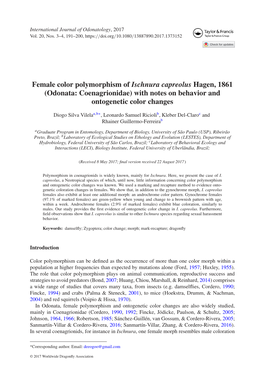 Female Color Polymorphism of Ischnura Capreolus Hagen, 1861 (Odonata: Coenagrionidae) with Notes on Behavior and Ontogenetic Color Changes