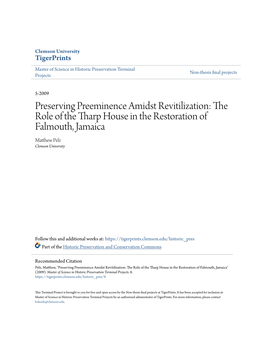 The Role of the Tharp House in the Restoration of Falmouth, Jamaica Matthew Elp Z Clemson University