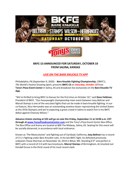 Bkfc-13 Announced for Saturday, October 10 from Salina, Kansas