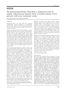 The International Stroke Trial (IST): a Randomised Trial of Aspirin, Subcutaneous Heparin, Both, Or Neither Among 19 435 Patients with Acute Ischaemic Stroke