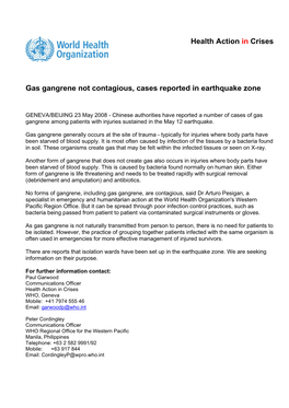 Health Action in Crises Gas Gangrene Not Contagious, Cases Reported In