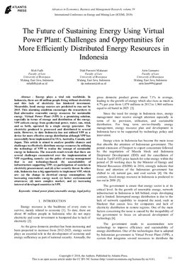The Future of Sustaining Energy Using Virtual Power Plant: Challenges and Opportunities for More Efficiently Distributed Energy Resources in Indonesia