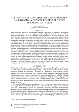 Sustaining Cultural Identity Through Arabic Calligraphy: a Critical Reading of Nasser Al-Salem’S Artworks