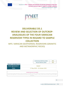 Analogues of the Four Variscan Reservoir Types in Regard to Sample Collection H2020 Grant Agreement N° 792037