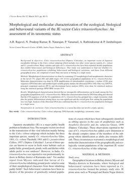 Culex Tritaeniorhynchus: an Assessment of Its Taxonomic Status