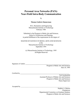 Personal Area Networks (PAN): Near-Field Intra-Body Communication