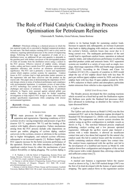 The Role of Fluid Catalytic Cracking in Process Optimisation for Petroleum Refineries Chinwendu R