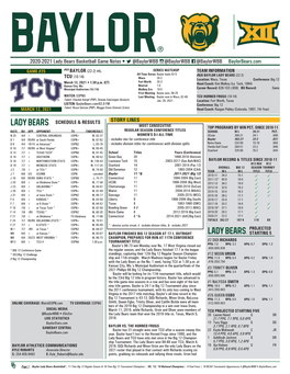 2020-2021 Lady Bears Basketball Game Notes • @Baylorwbb @Baylorwbb @Baylorwbb Baylorbears.Com