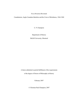 Canadianism, Anglo-Canadian Identities and the Crisis of Britishness, 1964-1968