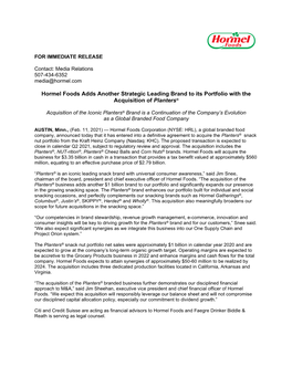 Hormel Foods Adds Another Strategic Leading Brand to Its Portfolio with the Acquisition of Planters®