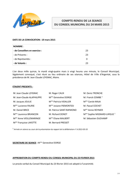 Compte-Rendu De La Seance Du Conseil Municipal Du 24 Mars 2015