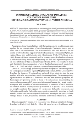 Osmoregulatory Organs of Immature Culicoides Sonorensis (Diptera: Ceratopogonidae) in North America1