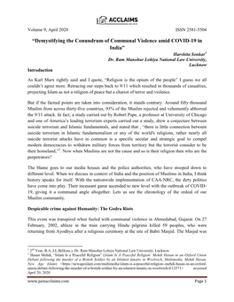 Demystifying the Conundrum of Communal Violence Amid COVID-19 in India” Harshita Sonkar1 Dr