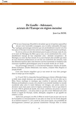 De Gaulle -Adenauer, Acteurs De L’Europe En Région Messine