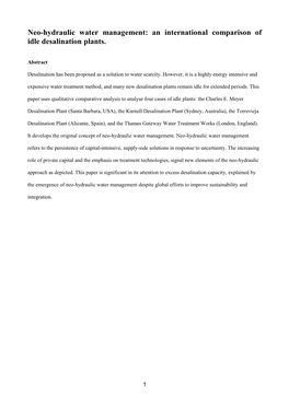 An International Comparison of Idle Desalination Plants