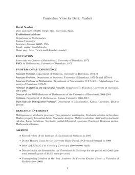 Curriculum Vitae for David Nualart