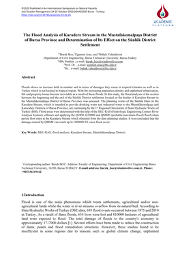 The Flood Analysis of Karadere Stream in the Mustafakemalpaşa District of Bursa Province and Determination of Its Effect on the Sünlük District Settlement