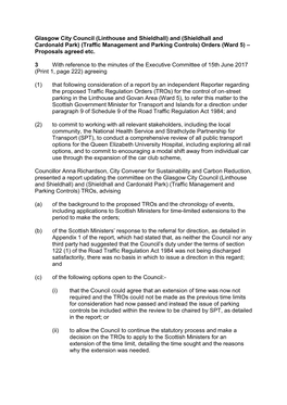 Shieldhall and Cardonald Park) (Traffic Management and Parking Controls) Orders (Ward 5) – Proposals Agreed Etc