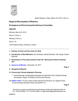 Regional Municipality of Waterloo Ecological and Environmental Advisory Committee Agenda