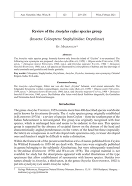 Review of the Anotylus Rufus Species Group (Insecta: Coleoptera: Staphylinidae: Oxytelinae)