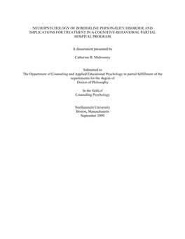 Neuropsychology of Borderline Personality Disorder and Implications for Treatment in a Cognitive-Behavioral Partial Hospital Program