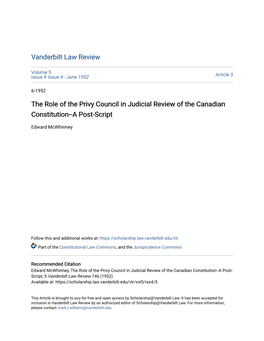 The Role of the Privy Council in Judicial Review of the Canadian Constitution--A Post-Script