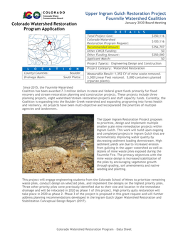 Upper Ingram Gulch Restoration Project Fourmile Watershed Coalition Colorado Watershed Restoration January 2020 Board Meeting