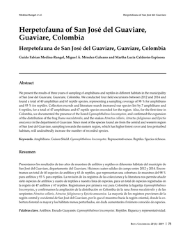 Herpetofauna of San José Del Guaviare, Guaviare, Colombia Herpetofauna De San José Del Guaviare, Guaviare, Colombia