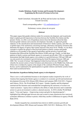 Gender Relations, Family Systems and Economic Development: Explaining the Reversal of Fortune in Eurasia