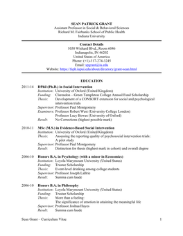 Sean Grant – Curriculum Vitae 1 SEAN PATRICK GRANT Assistant