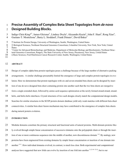 Precise Assembly of Complex Beta Sheet Topologies from De Novo 2 Designed Building Blocks