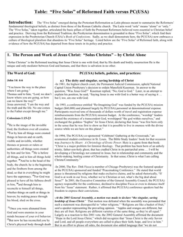 Table: “Five Solas” of Reformed Faith Versus PC(USA)