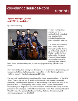 Apollon Musagète Quartet on CCMS Series (Feb. 4) by Daniel Hathaway