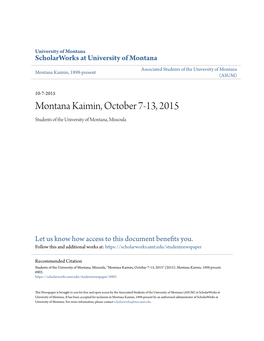 Montana Kaimin, October 7-13, 2015 Students of the University of Montana, Missoula
