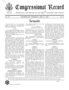 Congressional Record United States Th of America PROCEEDINGS and DEBATES of the 111 CONGRESS, FIRST SESSION