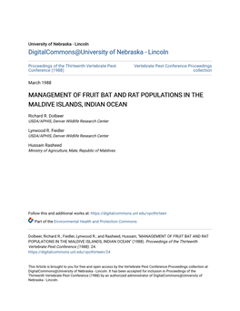 Management of Fruit Bat and Rat Populations in the Maldive Islands, Indian Ocean