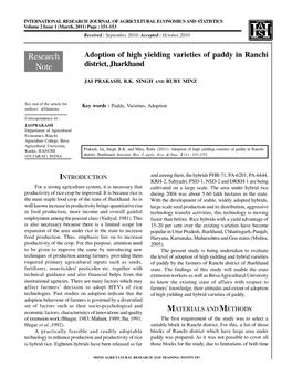 Adoption of High Yielding Varieties of Paddy in Ranchi Note District, Jharkhand